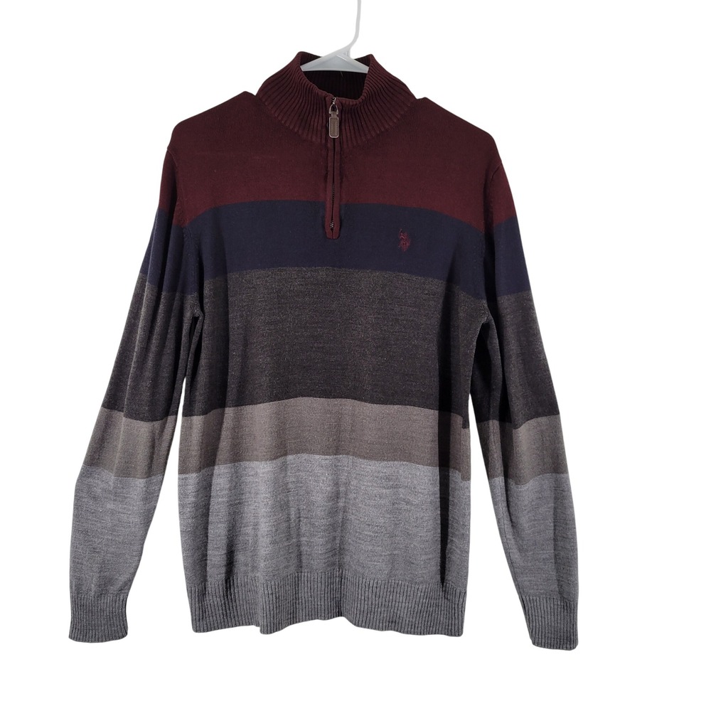 US Polo Assn. Mens Striped Quarter Zip Sweater Burgundy Navy Grey Acrylic‎ Small